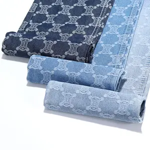 Embudo forma CC patrón azul 82% algodón Jacquard tela vaquera para Jeans 7,8 Oz tela vaquera de alta calidad al por mayor