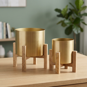 Gold Plated Metal Flower <b>Pot</b> with Wooden Stand Modern Minimalist Design for Indoor Use Desktop Planters Set of Two - Product Image 3