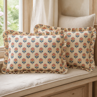 Housse de coussin beige en coton à imprimé floral avec bordure à volants, housses de coussin décoratives pour canapé et chambre à coucher