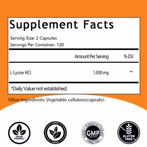 Cápsulas de L-Lisina OEM/ODM, Lisina 1000 mg, Apoyo para la Síntesis Inmunológica y de Colágeno, 2 Cápsulas por Porción, 240 Unidades - Product Image 2