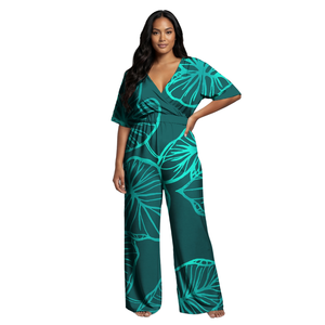 Combinaison confortable pour femme grande taille en polyester, col en V, imprimé hawaïen, motif îles polynésiennes, style plage samoan - Product Image 1