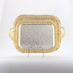 2 <b>PC</b> Greek Elegant Serving Tea Tray <b>Set</b> Gold Handle - Product Image 1
