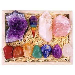 Kit de Cristales Curativos Premium en Caja de Madera - Juego de 7 Chakras, Piedras Pulimentadas, Cristal de Cuarzo con Péndulo de Amatista - Product Image 1