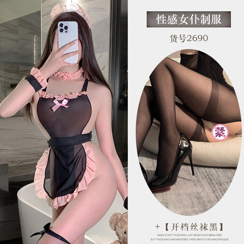 Completo da cameriera dolce + calze nere con apertura sul cavallo