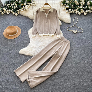 Conjunto de 2 Piezas de Punto para Mujer, Top de Manga Larga con Cuello Polo y Pantalones Anchos, Ropa Casual para Primavera y Otoño - Product Image 3