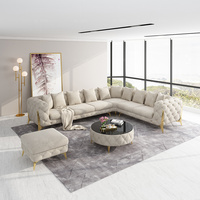 Conjunto de sofá Chesterfield en forma de L gris tradicional de lujo al por mayor, muebles para sala de estar, sofá esquinero de terciopelo con patas doradas