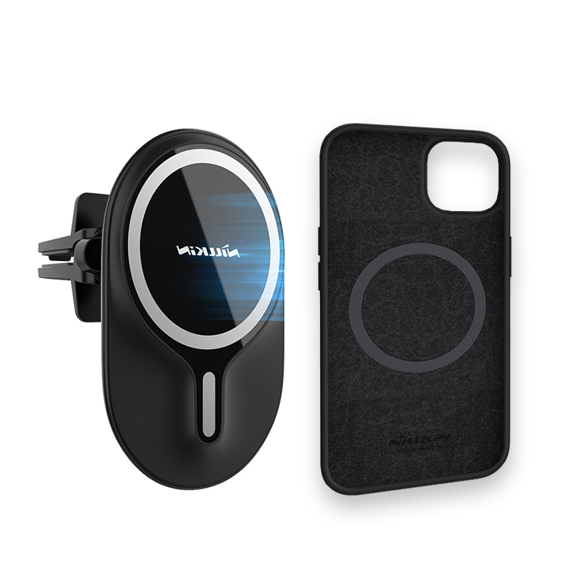 Магнитное автомобильное зарядное устройство Nillkin MagRoad + Магнитный силиконовый чехол для iPhone 13 pro max