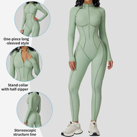 ELT9326 Combinaison de yoga respirante à manches longues pour femmes, avec coutures contrastées et fermeture à glissière sur le devant, combinaison de fitness et de gym grande taille