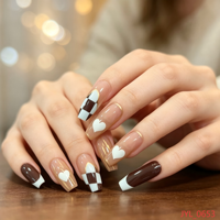 Uñas postizas al por mayor, estilo ataúd largo, con diseño de corazón transparente a cuadros y lámina dorada, de ABS reutilizables, OEM