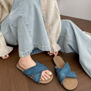 2026 New Flat Designer Women's Crossed Open Toe Flip-Flops <b>Soft</b> Bottom Cloth Casual <b>Shoes</b> Fashion Trend Printed Wholesale - Product Image 3