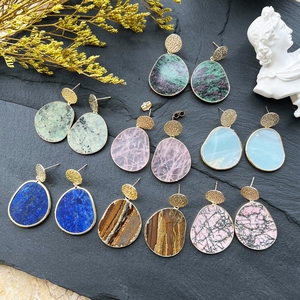 Boucles d'oreilles en forme de tranches de pierres précieuses pour femmes, nouveaux designs à la mode, pendentif en forme d'épidote naturelle, jaspe, quartz rose, cristal, or, clous d'oreilles - Product Image 2