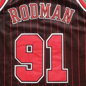 دينيس رودمان أسود أحمر المشارب أفضل نوعية مخيط كرة السلة جيرسي