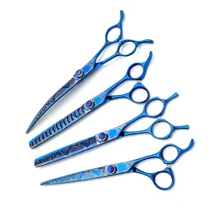 PS-0007 Customized Professional Pet Grooming Scissor Japan 440c Curved Dog Chunker Cat Thinning Shear Set Blue CNC Vg10 Titanium