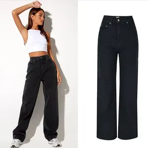 New European American Style High Waisted Loose Straight Cool Black Denim Trousers Mom Jeans Women's Baggy Jeans