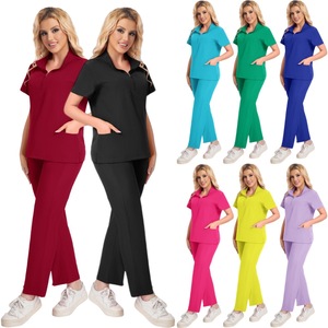 Women's Red Scrub Set With Zipper Top And Straight Leg Pants Moisture Wicking Hospital Uniform Split Set - Product Image 4