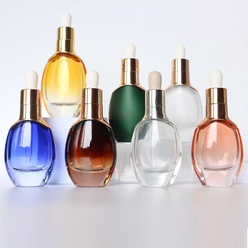 15ml 30ml 50ml luxury glass oval dropper bottle face serum cosmetic packaging with gold sliver dropper cap