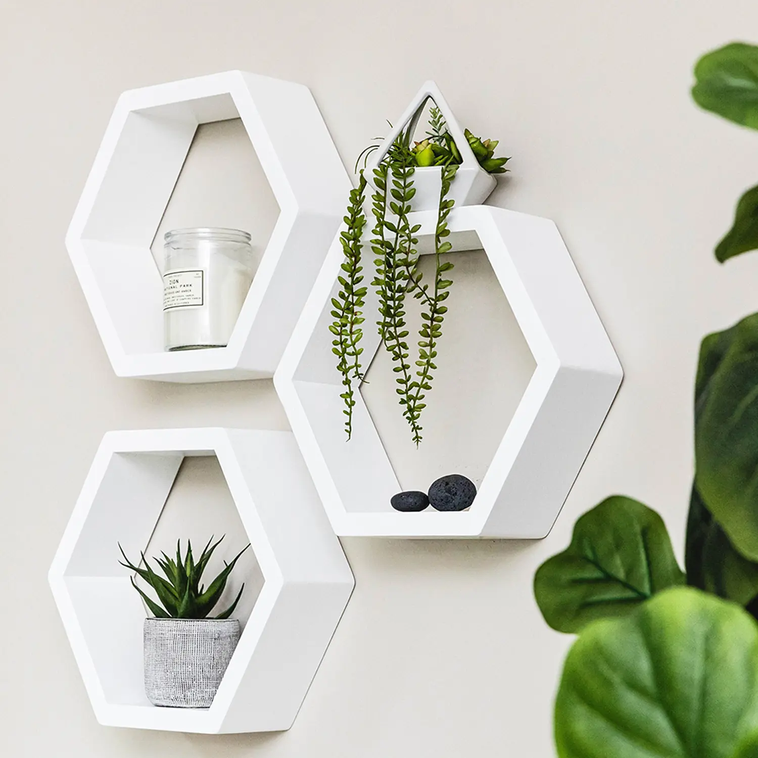 Set 6 rak pot lebah putih, rak penyimpanan kayu geometris mengambang segi enam dinding furnitur dapur