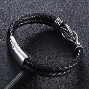 Bracciale da <span class=keywords><strong>uomo</strong></span> in pelle intrecciata con charm magnetico in acciaio inossidabile, stile punk rock, con filo di cucito in pelle, accessorio <span class=keywords><strong>elegante</strong></span> da rocker. - Product Image 2