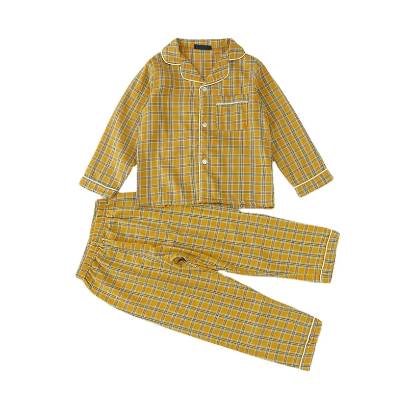 Vérifié pyjamas enfants vêtements ensembles lin tissu à manches longues chemise à carreaux avec lumière lin bébé garçons ensemble garçons vêtements ensembles