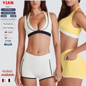Ensemble YianColor Block Halter : Soutien-gorge <span class=keywords><strong>de</strong></span> sport et short taille haute, tenue d'entraînement avec short à dos en U profond et poche, <span class=keywords><strong>4</strong></span> <span class=keywords><strong>couleurs</strong></span> disponibles - Product Image 1