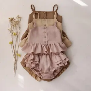 New Arrival Baby Girl 2 Piece Set Summer Buttoned Sleeveless Tiered Dress Bloomers Shorts Linen Dress Baby