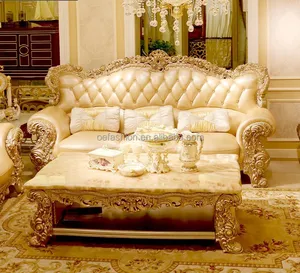 Conjunto de sofás para el hogar, muebles de lujo con marco de madera de cuero genuino personalizado de OE-FASHION, color dorado real