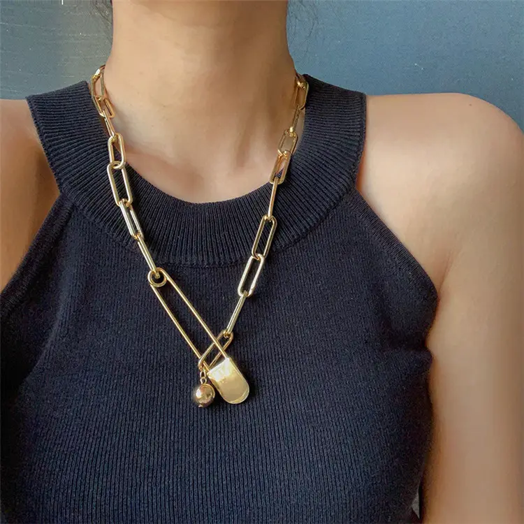 Unique Women Jewelry Long Sweater Chain Gold Chunky Cuban Chain Safety Pin Necklace