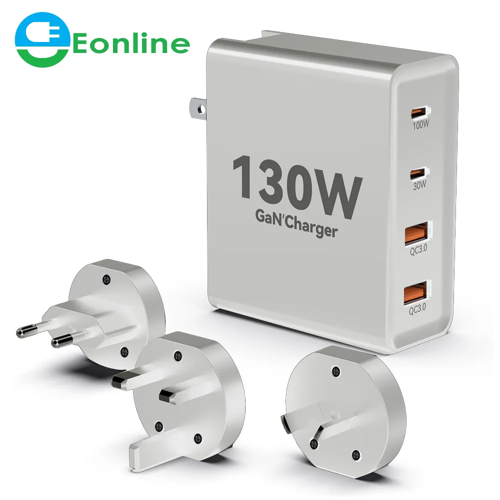 EONLINE Carregador de parede 3D 130W GaN 4 portas USB C PD 100W PPS 30W QC3.0 Carregamento rápido para MacBook Pro/Air iPad iPhone 15 Galaxy