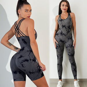 Vente en gros de combinaisons d'entraînement sexy teintées à motifs sans couture pour femmes, shorts et leggings de yoga personnalisés à bretelles dans le dos - Product Image 4