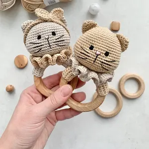 Baby Rattle Cat Crochet Rattle With Wooden Ring Newborn Baby Toy