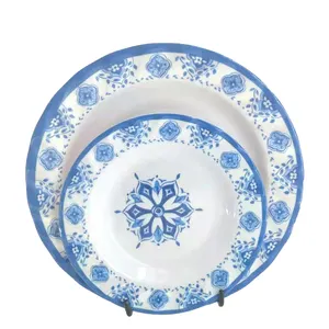 Factory Wholesale 100% Melamine plate Blue Floral Round Tableware Plates Sets for Restaurant Wedding Party Hotel