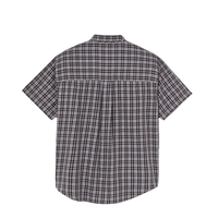 Kemeja Pria Lengan Pendek Motif Kotak-kotak Kustom OEM, Kemeja Kancing Vintage Berbahan Woven, Kemeja Santai Longgar dengan Saku Dada, Streetwear