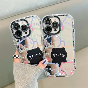 Casing ponsel lapisan cermin bergambar, casing ponsel kucing lucu dengan desain kucing untuk iPhone 14 13 11 12 15 Pro Max