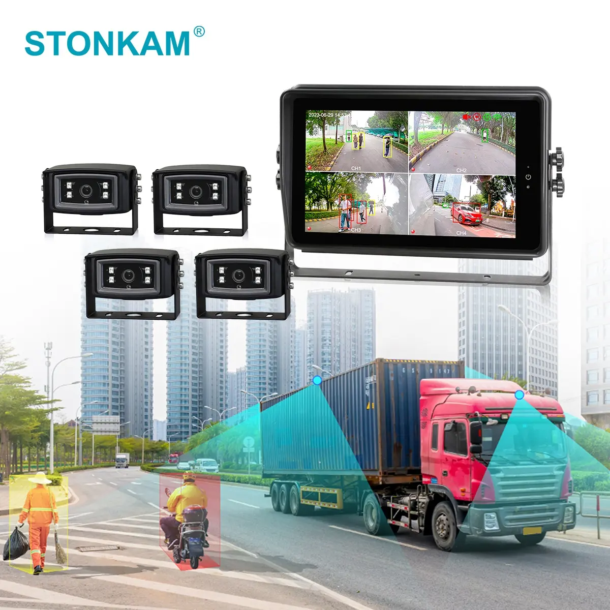 STONKAM Innovative Blind Spot Assist AI Integration DVR and Monitor 2-in-One AI Detection Camera Identifies Pedestrians Vehicles