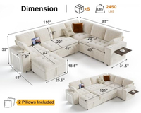 Sofá Cama Modular Seccional con Cama Extraíble, Sofá en Forma de L de 7 Plazas con Tapicería de Chenilla, Otomana con Almacenamiento, Portavasos USB y Mesa Lateral