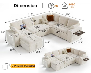 Canapé modulaire sectionnel avec lit escamotable, 7 places, en chenille, en forme de L, avec ottoman de rangement, porte-gobelets USB, table d'appoint - Product Image 2