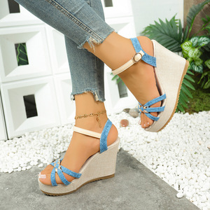 Women European and American Style Wedge <b>Sandals</b> Fabric Summer New Large Platform Thick Sole Color Block Roman <b>Sandals</b> - Product Image 6