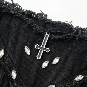 Minifalda de mezclilla negra desgastada de cintura alta para mujer Wangsheng <span class=keywords><strong>con</strong></span> cadena de diamantes de imitación, dije de cruz y ojales, estilo dulce, ropa de club - Product Image 4