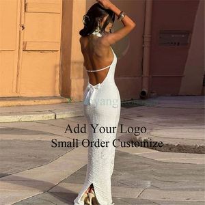 Robe de soirée d'été verte à pois, style féerique, avec décolleté halter et fente latérale, idéale pour les vacances à la plage, pour femme - Product Image 1