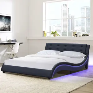 Factory Price Black Leather King Size Upholstered Bed Frame With Led On Two Side For Your Bedroom Furniture