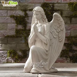 Estatuillas de tamaño real para exteriores, estatuas modernas de mármol blanco arrodillado, para el cementerio de ángeles