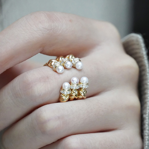 Anillo Abierto de Lujo Aazuo Vintage de Oro Amarillo Sólido de 18k con Diamantes Reales y Perlas Naturales de Akoya Grado AAAA Blancas para Mujer - Product Image 5