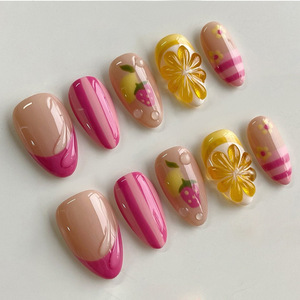 Vente en gros à bas prix, Ongles artificiels semi-faits à la main, style Ins, avec perles françaises, motif rayé 3D transparent effet glace, mélange de lilas violet et de jacinthe - Product Image 4