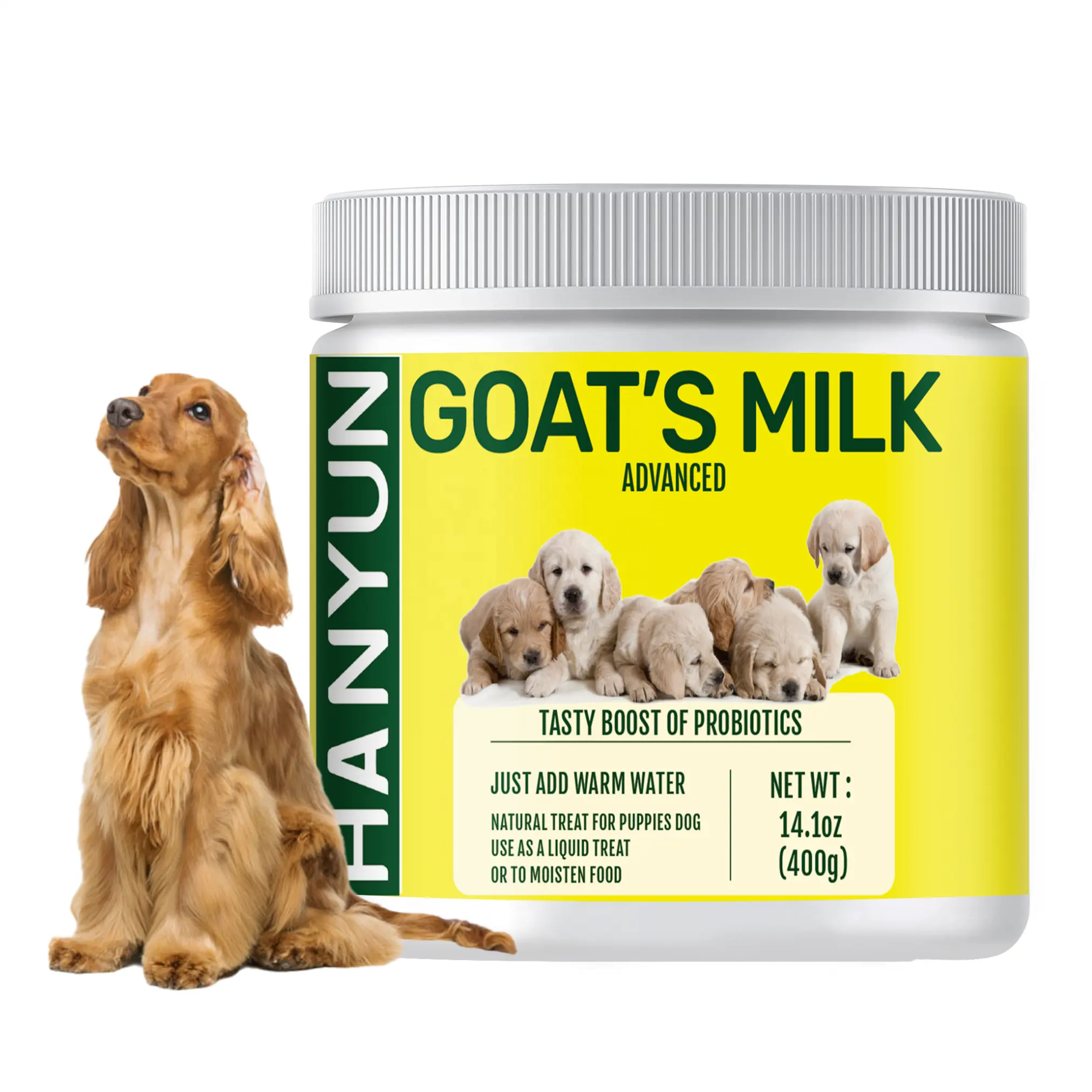 HANYUN hewan peliharaan perawatan kesehatan pencernaan stres bakteri penuh krim kambing bubuk susu untuk anak anjing probiotik bubuk maskara
