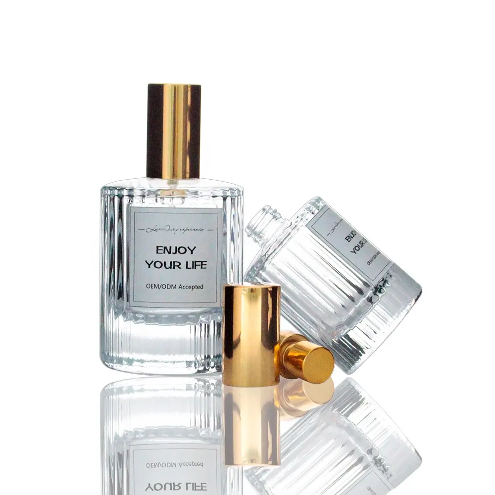 FENGJUN kundendefiniertes glas durchsichtiger runder zylinder weiße parfümflasche mit schwarzem deckel für flüssiges parfüm