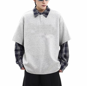 Commercio all'ingrosso autunno nuova tendenza Streetwear Polo con collo a manica lunga camicia di flanella Patchwork a manica corta felpa da <span class=keywords><strong>uomo</strong></span> - Product Image 4