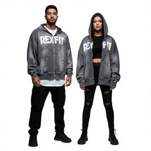 Sweat à capuche gris avec fermeture éclair, imprimé sur la poitrine, effet délavé, streetwear personnalisé de qualité supérieure, hiver, 100% coton, vente en gros - Product Image 1