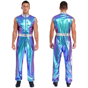 Men Dance Jumpsuit Metallic Holographic Stage Show Sleeveless Performance Costume Unitard Custom Made - Product Image 2