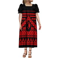 Nouvelle Robe Midi Femme Mumu à Manches Bouffantes, Motif Ethnique Tribal Yap, Vente en Gros Usine, Idéale pour les Vacances, Style Micronésien