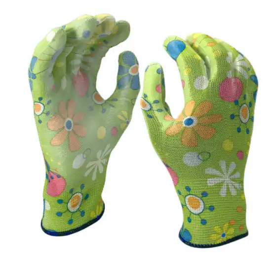 Logo personnalisé 13G Polyester enduit nitrile vert des gants de